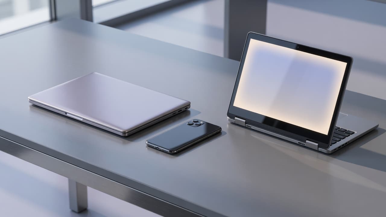 Two laptops and a phone on one desk. The same session, different glass.