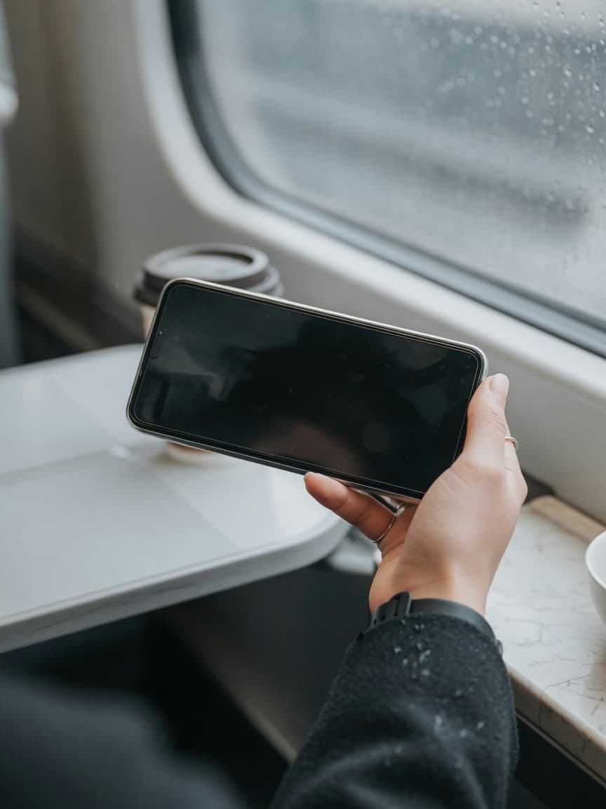 A hand holding a dark smartphone on a train tray table. The screen is off. The phone is a view, not the machine doing the work.