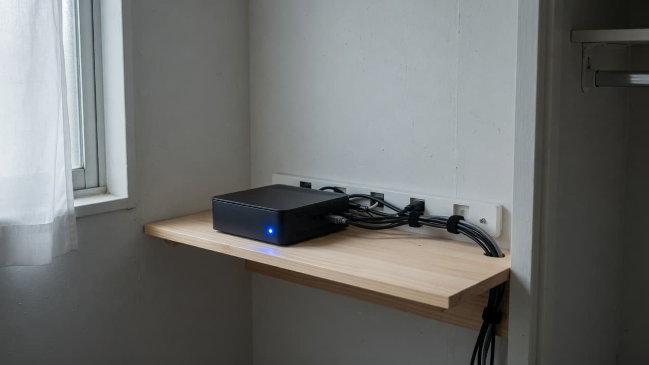 A small always-on computer on a spare-room shelf, one blue status light on.